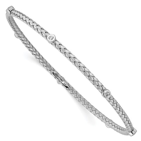 Sterling Silver CZ Polished Textured Bangle