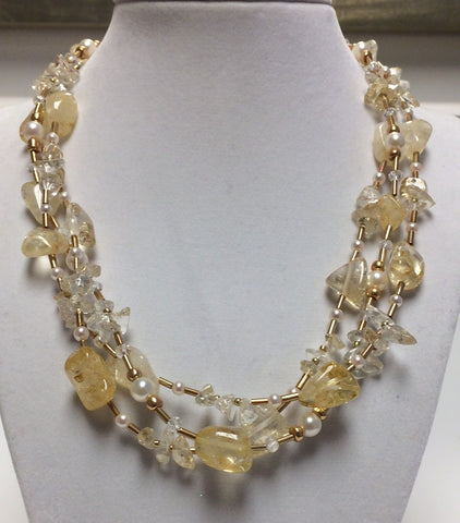 Citrine, White Topaz & Cultured Pearl Multi Strand Necklace
