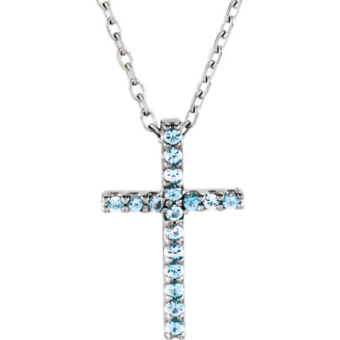 14 Karat White Gold Petite Aquamarine Cross & Chain