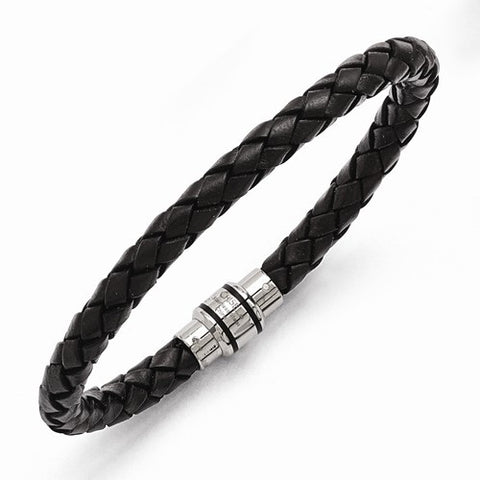 Gents Stainless Steel Black Woven Leather Bracelet