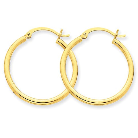 14 Karat Yellow Gold 2mm 1 inch Hoop Earrings